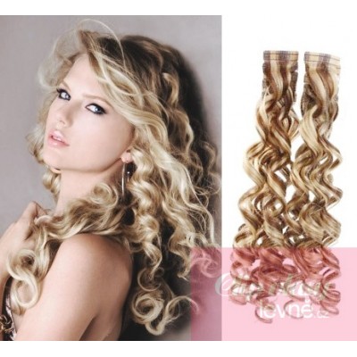 Kudrnaté vlasy pro metodu TapeX / Tape Hair / Tape IN 60cm - platina / světle hnědá